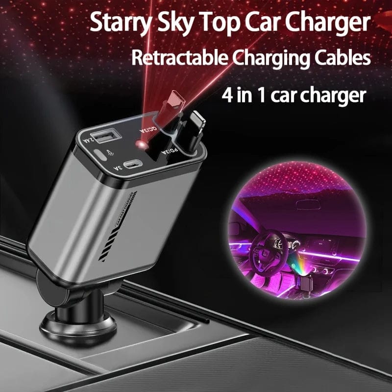 AstroCharge 4-in-1 Retractable Car Charger | Fast Charging Station with Galaxy Roof Projector Light (Universal)