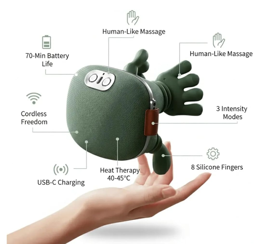 4D Human Hand Heated Neck & Shoulder Massager | Portable Deep Tissue Wireless Massager with Heat Therapy