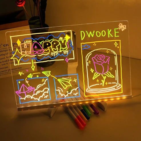 LED Acrylic Note Board with 7 Colored Markers | Transparent Glowing Erasable Message Board & Night Light for Home & Office