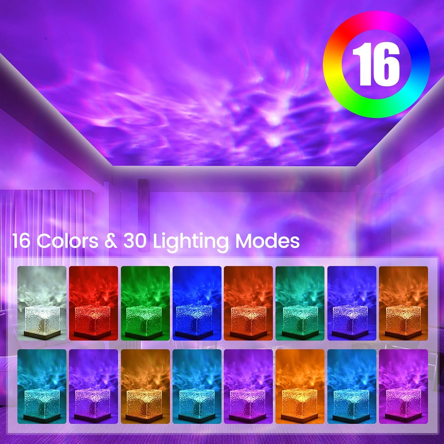 Northern Lights Ocean Wave Crystal Lamp | 16-Color Water Ripple Projector with Remote (Viral Aesthetic Light)