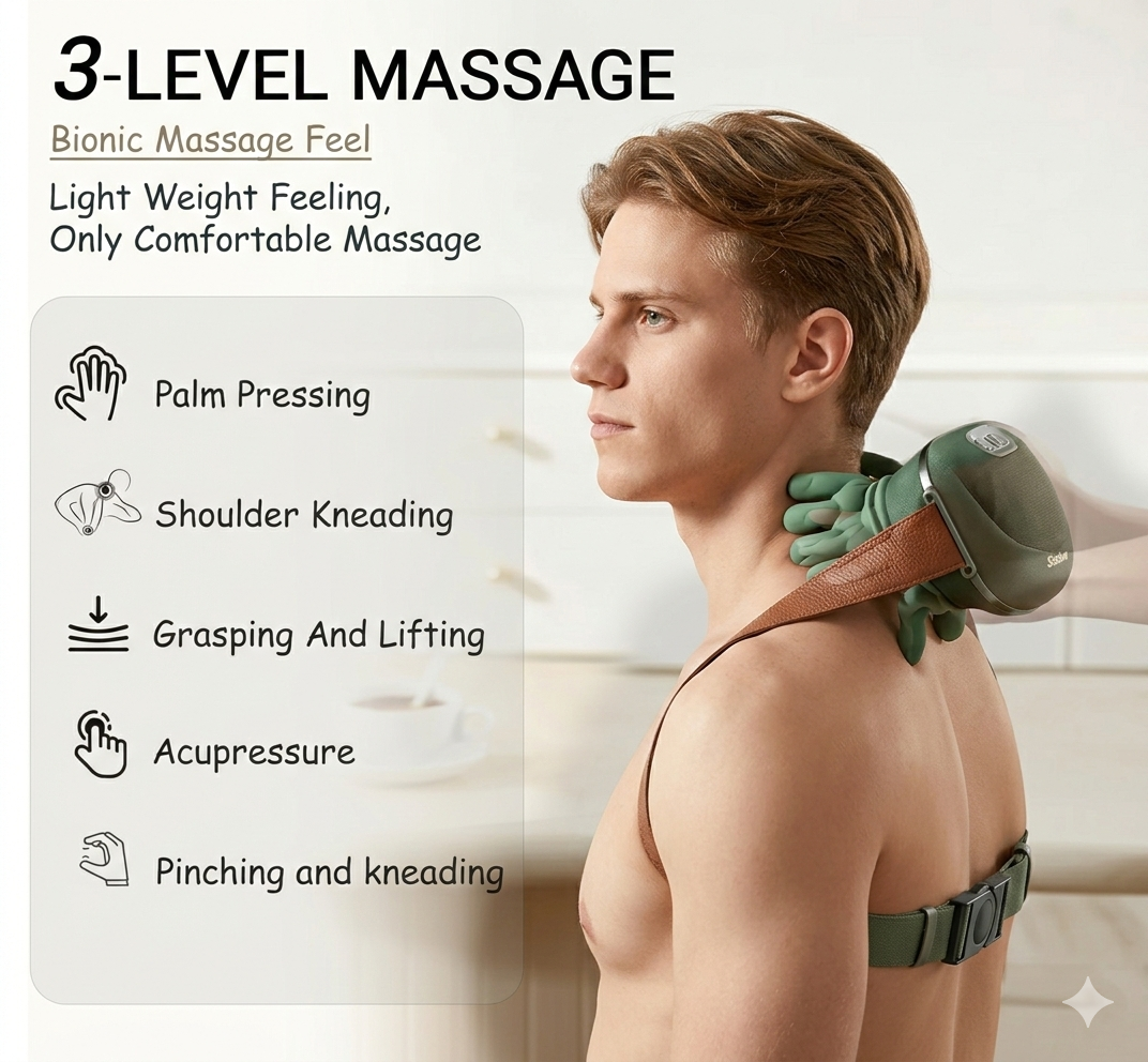 4D Human Hand Heated Neck & Shoulder Massager | Portable Deep Tissue Wireless Massager with Heat Therapy