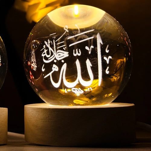 3D Crystal Ball Arabic Night Lamp | Elegant Islamic Calligraphy LED Table Light & Home Decor
